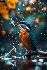 Kingfisher catches fish from the water in the forest river.