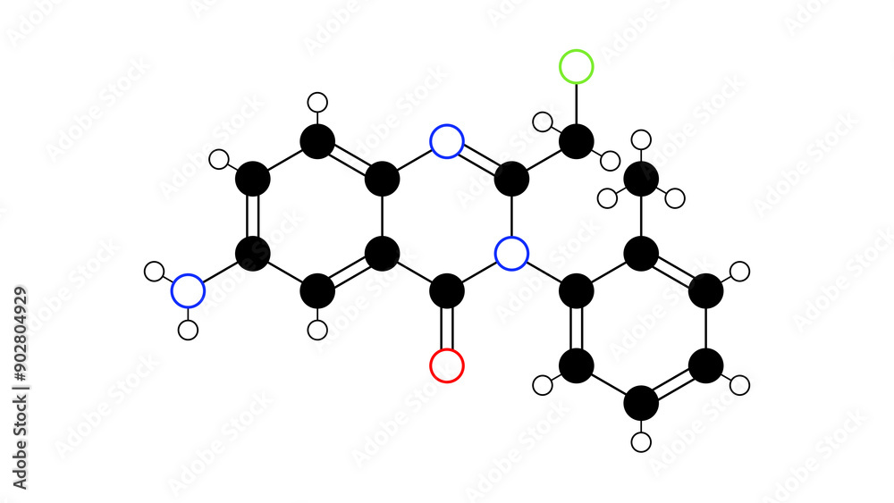 Sticker afloqualone molecule, structural chemical formula, ball-and-stick model, isolated image gabaergic dr