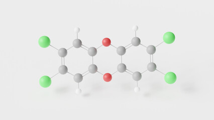 2,3,7,8-Tetrachlorodibenzo-p-dioxin molecule 3d, molecular structure, ball and stick model, structural chemical formula tcdd, dioxin