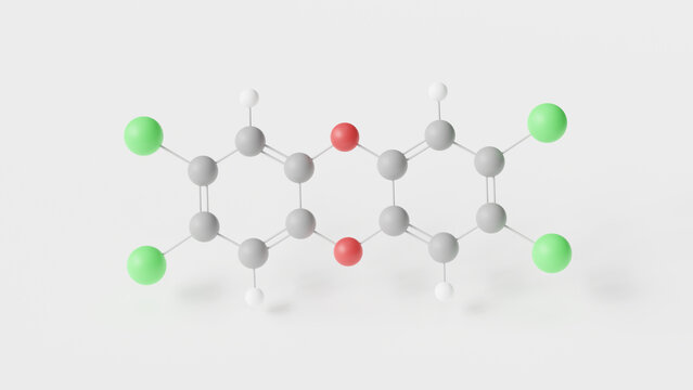 2,3,7,8-Tetrachlorodibenzo-p-dioxin molecule 3d, molecular structure, ball and stick model, structural chemical formula tcdd, dioxin