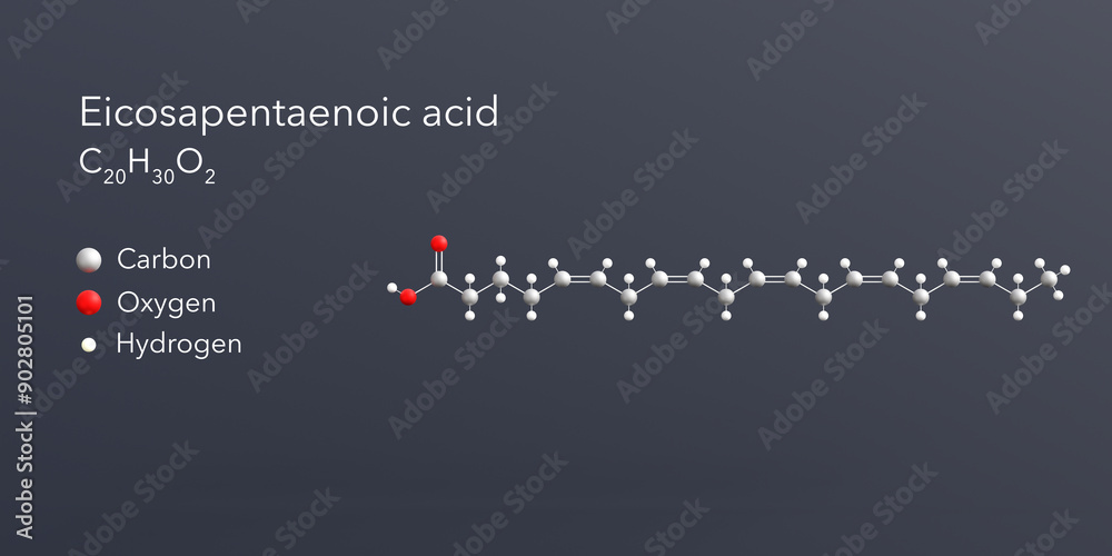 Sticker eicosapentaenoic acid molecule 3d rendering, flat molecular structure with chemical formula and atoms color coding