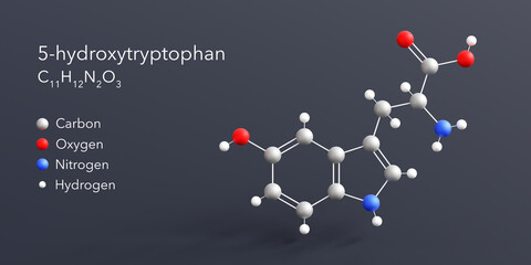 5-hydroxytryptophan molecule 3d rendering, flat molecular structure with chemical formula and atoms color coding