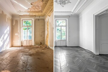 room, showing a dramatic before-and-after renovation transformation