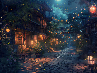 Dreamlike fireflies in a village at night with lanterns and cobblestone streets.