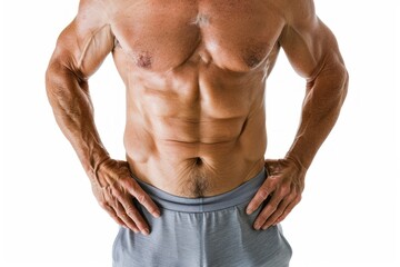 Fototapeta premium Cropped image of sporty old man with muscular abs in underwear Isolated on white background