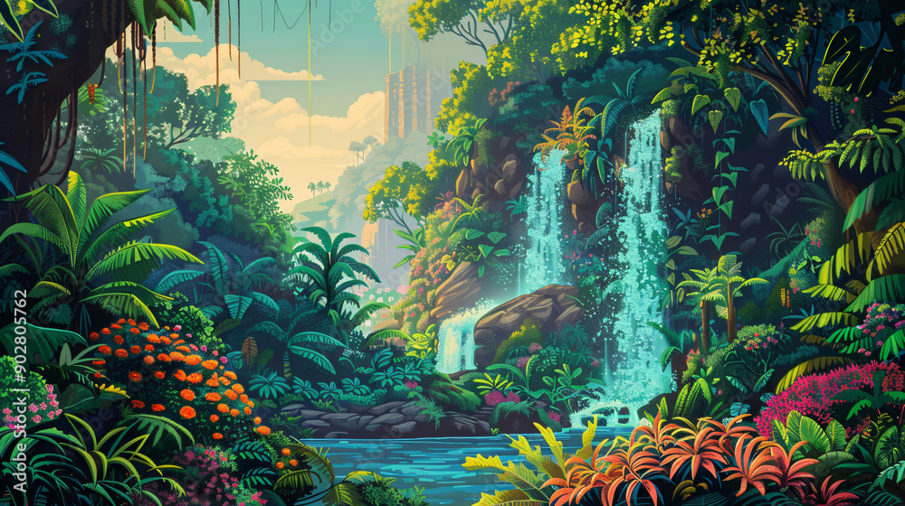 Poster stunning depiction of a gorgeous jungle scene with a waterfall flowing into a river and a modern cit