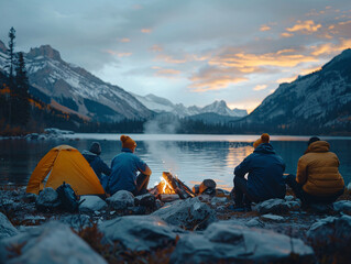 Fototapeta premium Group Camping by Lake at Sunset