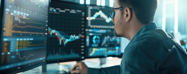 Fototapeta premium Trader analyzing stock market charts on multiple computer screens, focusing on financial data for investment decisions.