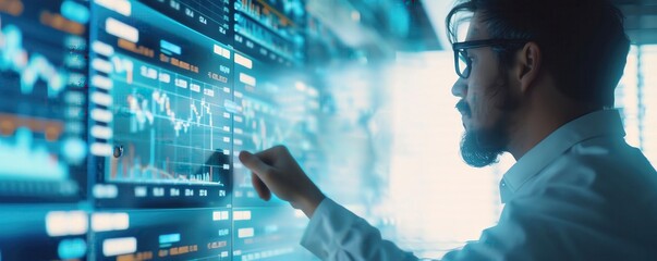 A young professional analyzing data on multiple digital screens in a modern high-tech environment, focusing intently on the information.