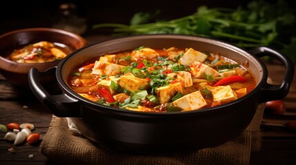 A bowl of soup with tofu and vegetables. The soup is full of color and looks delicious. The bowl is placed on a wooden table with other bowls and a spoon