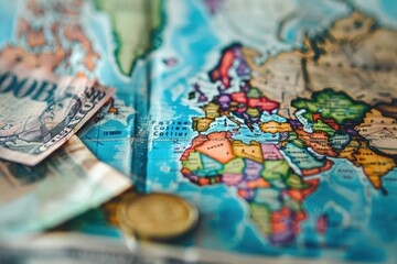 Naklejka premium Dive into the World of Finance, with a Tapestry of Notes, Markets, Capital, Investments, Consumerism, Coins
