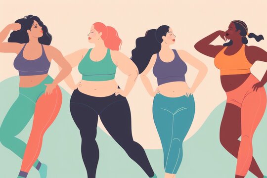 Diverse Group of Plus Size Women in Activewear Embracing Different Body Types illustration