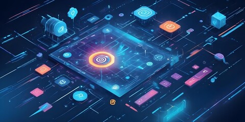 digital painting, A futuristic digital interface with various icons and symbols, including an AI logo, against a blurred blue background with geometric shapes and lines, suggesting advanced technology