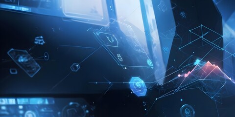 digital painting, A futuristic digital interface with various icons and symbols, including an AI logo, against a blurred blue background with geometric shapes and lines, suggesting advanced technology