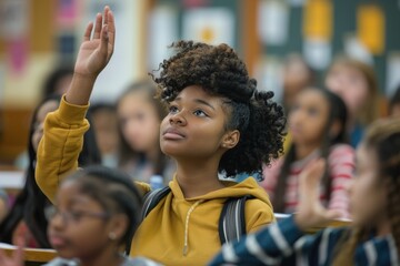 Fototapeta premium Diverse High School Classroom: Black Secondary Student Engaged in Classroom Learning. boy Raised Hand in Class