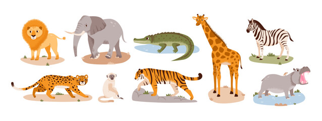 Safari animals set. Wild jungle animals. Flat vector savannah characters isolated on white background © vik.stock