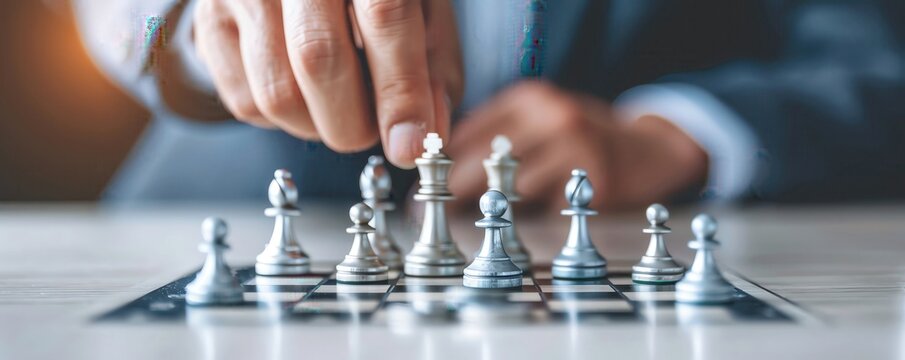 Close-up of a hand moving a chess piece on a chessboard, symbolizing strategy and decision-making in business or life.