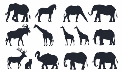 Fototapeta premium African Wildlife Silhouette Icons: Creative Vector Set for Marketing and Design. Black Animal Symbols Collection on White Background, Perfect for Logos, Web Graphics, and 4K Wallpapers. AI-Generated V