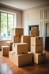 A room full of cardboard boxes and a potted plant
