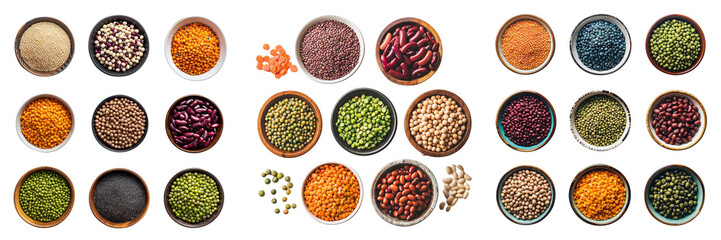 Set of flat lay of bowls filled with soybeans, mung beans, lentils, red beans, and peas isolated on transparent background  (2)