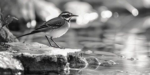 Fototapeta premium A bird stands on a rocky outcropping, its feathers a striking contrast to the grayscale surroundings