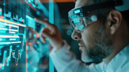 Scientist using advanced AR glasses to analyze data on a high-tech digital interface, representing innovation and technological advancement.