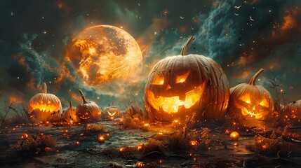 Naklejka premium Enchanting Halloween Night With Glowing Pumpkins Under a Mystical Orange Moon