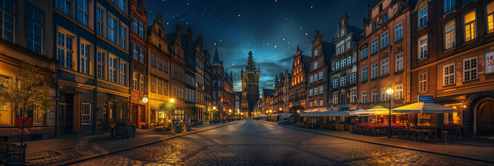View of the streets of the old city at night.