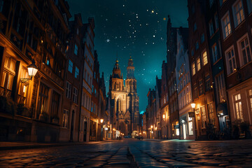 View of the streets of the old city at night.