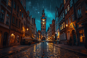 View of the streets of the old city at night.