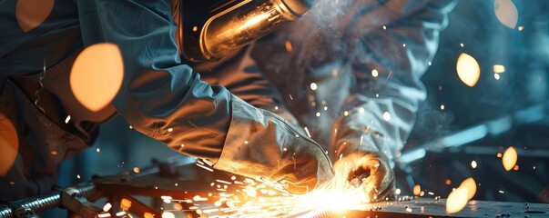 Fototapeta premium Factory workers welding metal parts, industrial fabrication,