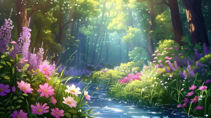 Obraz premium Serene forest scene featuring vibrant wildflowers beside a tranquil stream, illuminated by soft sunlight and surrounded by lush greenery