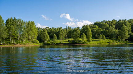 Vlasina lake scenery with beautiful clouds in the blue sky. Beautiful semi-artificial lake in Southeast Serbia. Reflection of a birch tree in the Vlasina Lake. The beautiful blue color of the water.
