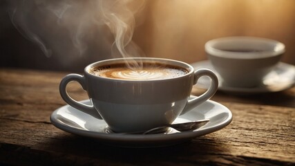 Fototapeta premium Cup of coffee sits on wooden table, adorned with decorative foam art. Sunlight bathes scene, casting warm hues. Second cup lingers in background, creating inviting atmosphere. Steam rises from coffee.