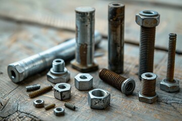 A collection of nuts and bolts arranged on a table surface, suitable for use in illustrations about tools, hardware, or DIY projects