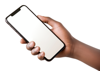 PNG A hand holding a phone with a blank screen ready white background photographing portability.