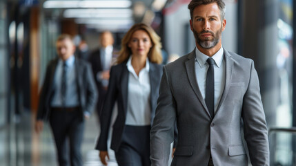 Business professionals in suits walking confidently in an office corridor, symbolizing teamwork and leadership.
