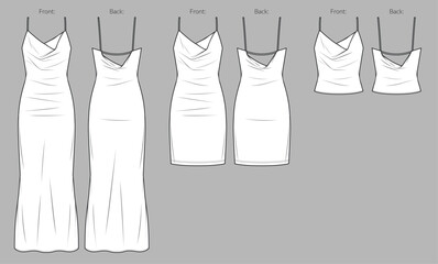 Vector woman sleeveless night dress with cowl neckline fashion CAD, top with shoulder straps technical drawing, template, flat, sketch. Jersey or woven fabric dress with front, back view, white color