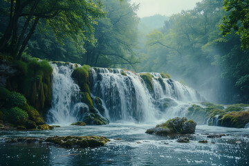 Fototapeta premium natural landscape There is a waterfall flowing down from the mountain in the green forest.