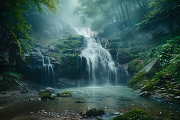 natural landscape There is a waterfall flowing down from the mountain in the green forest.