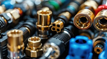 Various types of connectors are arranged closely together, showcasing intricate designs and materials, highlighting the diversity in this collection