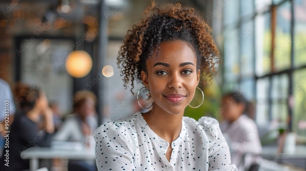 Wall mural Confident and Composed: A young woman with curly brown hair exudes confidence and professionalism, showcasing a relaxed and approachable demeanor in a casual business setting.  