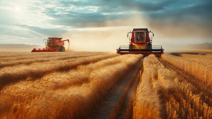 Obraz premium Modern agricultural machinery working on a vast field, harvesting crops