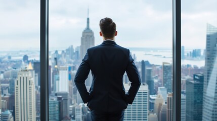 Fototapeta premium Corporate Reflections - Businessman Contemplating City Skyline from Office Window