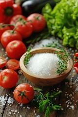 A person is holding a scale and measuring vegetables. The vegetables include tomatoes, broccoli, and carrots