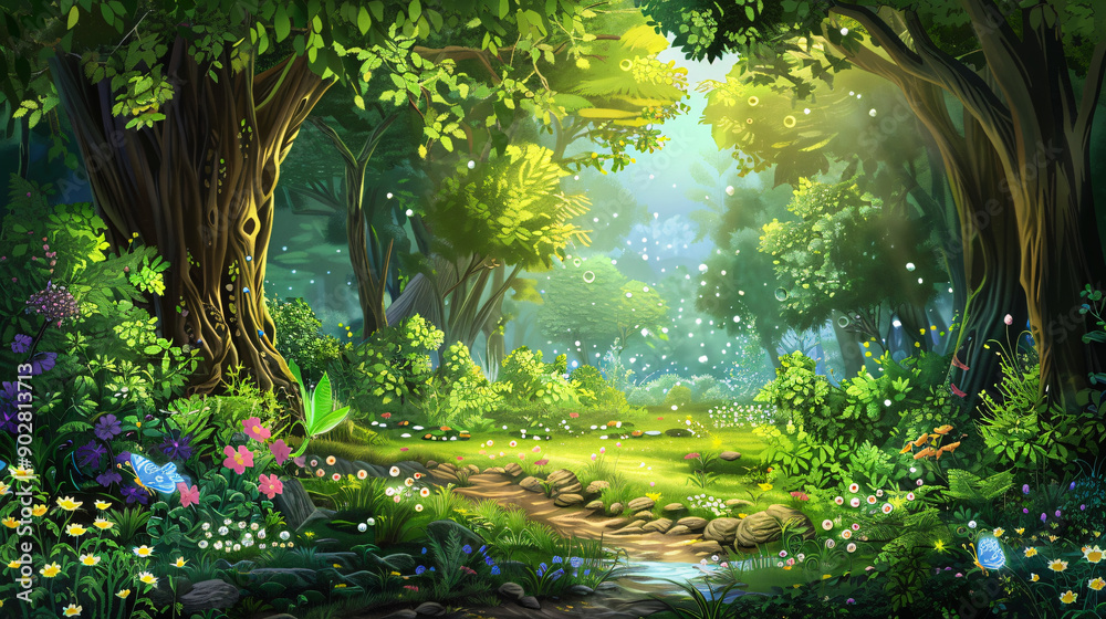 Aufkleber magical sun is shining on a clearing in a lush green forest, illuminating a path by a stream in this
