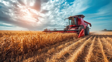 Obraz premium Modern agricultural machinery working on a vast field, harvesting crops