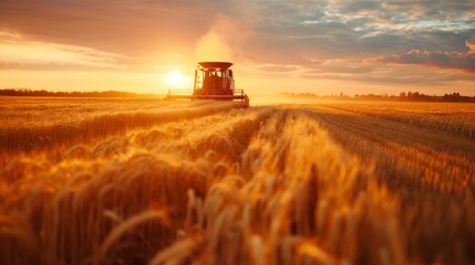 Fototapeta premium Modern agricultural machinery working on a vast field, harvesting crops