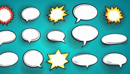 Fototapeta premium Collection of empty comic speech bubbles with halftone shadows. Hand drawn retro cartoon stickers. Pop art style. Pop art retro cartoon stickers ,Vector illustration.