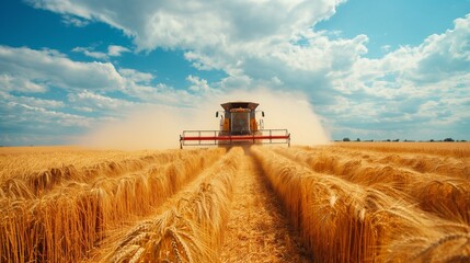 Fototapeta premium Modern agricultural machinery working on a vast field, harvesting crops